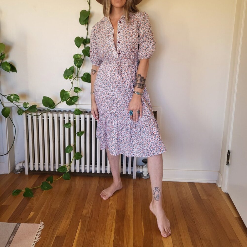 Vintage antique floral Gunne Sax like linen cotton dress